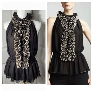 NWT Ruffle Collar & Front Top Chiffon & Lace Sleeveless Black & Tan
